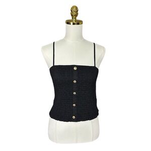 NWT Blanque Womens Black Smocked Cami Gold Button Front Adjustable Straps Size M